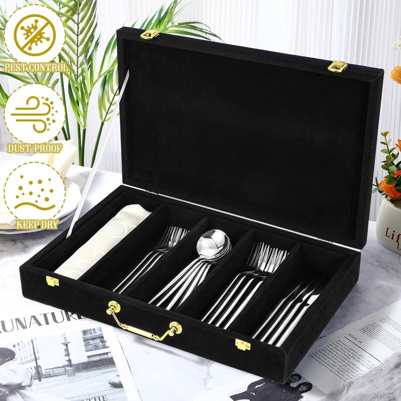 Pickmesh Silverware Case with Lid and Handle, Silverware Storage Box Sterling Silver Flatware Chest Without Silver Tarnish Proof Utensils Organizer for Kitchen Decor Wedding Gifts(Black,1 Layer) - Image 2